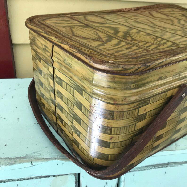 Vintage Tin Picnic Basket Yellow Brown Woven Wicker Design Wood Handles Hinged Lid Metal Clasp