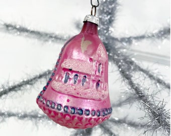 Antique Vintage Glass Bell Ornament Bumpy PINK Snowy Winter House Church Scene West Germany Cap