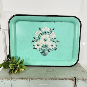 Vintage Rare Tin Tole Tray Toleware Teal Green Black Floral Flower Basket Rust