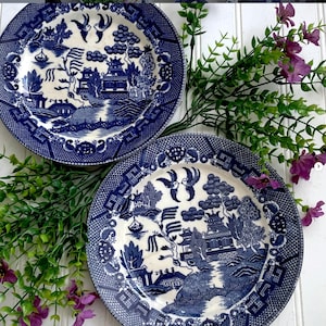 May include: Two blue and white ceramic plates with a Willow pattern design. The plates feature a detailed landscape scene with pagodas, bridges, and birds. The plates are surrounded by green foliage and purple flowers.