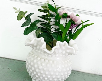 Vintage Fenton Hobnail White Milk Glass Squatty Bowl Ball Vase Ruffle Edge Wedding Bridal Shower Decor