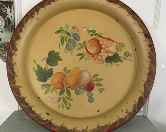 Vintage Tin Tray Hand-Painted Tole Theorem Fruit Bird