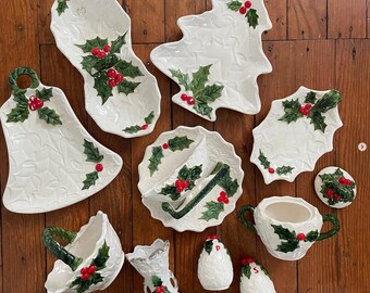 Vintage Lefton White Christmas Holly Berry Ceramic Pieces Tree Tray Bell Ashtray Sugar Bowl Salt Pepper Basket Sleigh 1970s CHOICE ONE