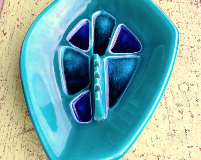 Vintage Ashtray Pottery USA Blue Green Aqua Teal Atomic Crackle Ombre