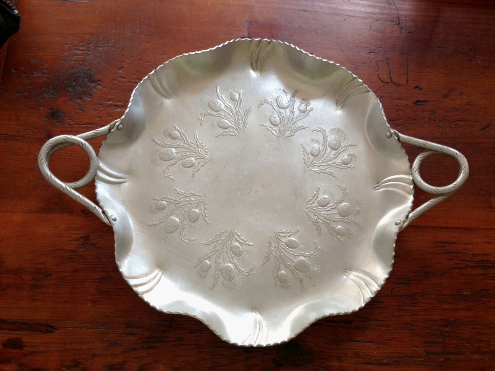 Vintage Aluminum Tray Round Thistle Flower Pattern Swirl Etsy