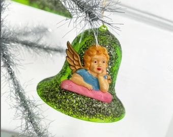 Vintage Plastic Glittered Bell Ornaments Die-Cut Angel Celluloid Embellishment Hong Kong CHOICE OF COLOR Green Pink Gold Silver