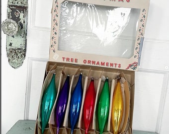 Vintage Christmas Ornaments Extra Large Long Teardrop Icicle Glass Jewel Tone Colors Teal Purple Gold Green Red Blue Poland Box Set of 6