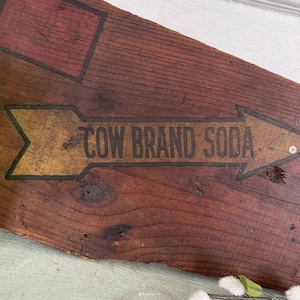 Vintage Cow Brand Soda Wood Crate Box Sign Panel Piece Typography Advertising Rustic Photography Prop Primitive Farmhouse