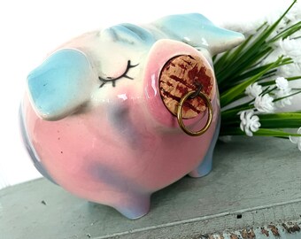 Vintage Hull Pig Piggy Bank CORKY Ceramic Pottery Pink Blue Cork Snout Stopper 1957