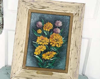 Vintage Flower Painting Marigolds Floral White Painted Frame Canvas Board Signed Brass Nameplate