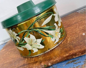 Vintage Metallic Tin Lily Flower MLMK Golden Butter Bits Gold Green Plastic Knobbed Lid 1958