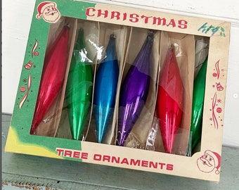 Vintage Christmas Ornaments Extra Large Long Teardrop Icicle Glass Jewel Tone Colors Purple Green Red Blue Poland Santa Face Box Set of 6