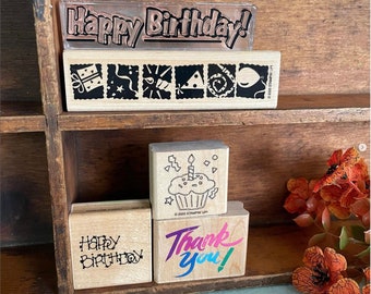 Vintage Rubber Stamp BIRTHDAY THANK YOU Cupcake Wood Base Block Acrylic Mount Stampin’ Up! 2000 D.O.T.S Set 5 Plastic Case