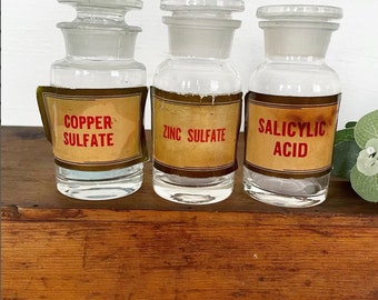 Antique Apothecary Pharmaceutical Clear Glass Jars Bottles Stoppers RED Lettering Labels Copper Sulfate Zinc Sulfate Salicylic Acid SET OF 3