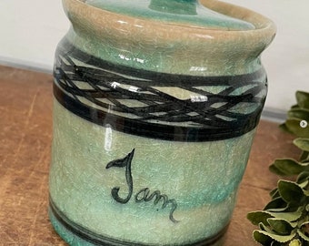 Vintage Stoneware Pottery Jam Jar and Lid blue Green Teal Black Crackled Crazing Crazed