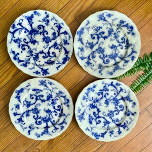 Antique Flow Blue Floral Plate Ridgways England Royal Semi Porcelain Gainsborough Gold Scallop Edge SET OF 4