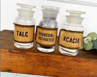 Antique Apothecary Pharmaceutical Clear Glass Jars Bottles Stoppers Labels Talc Charcoal Acacia SET OF 3