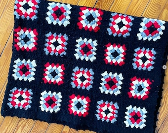 Vintage Crochet Afghan Blanket Charcoal Black Red Cream Gray Boho Hippie