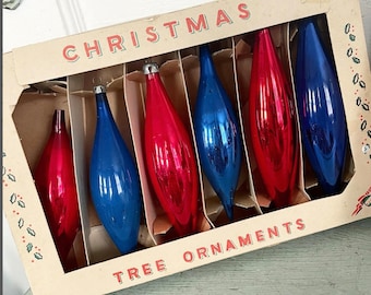 Vintage Christmas Ornaments Long Teardrop Icicle Glass Patriotic Americana Red Blue Jewel Tone Colors Poland Box Set of 6