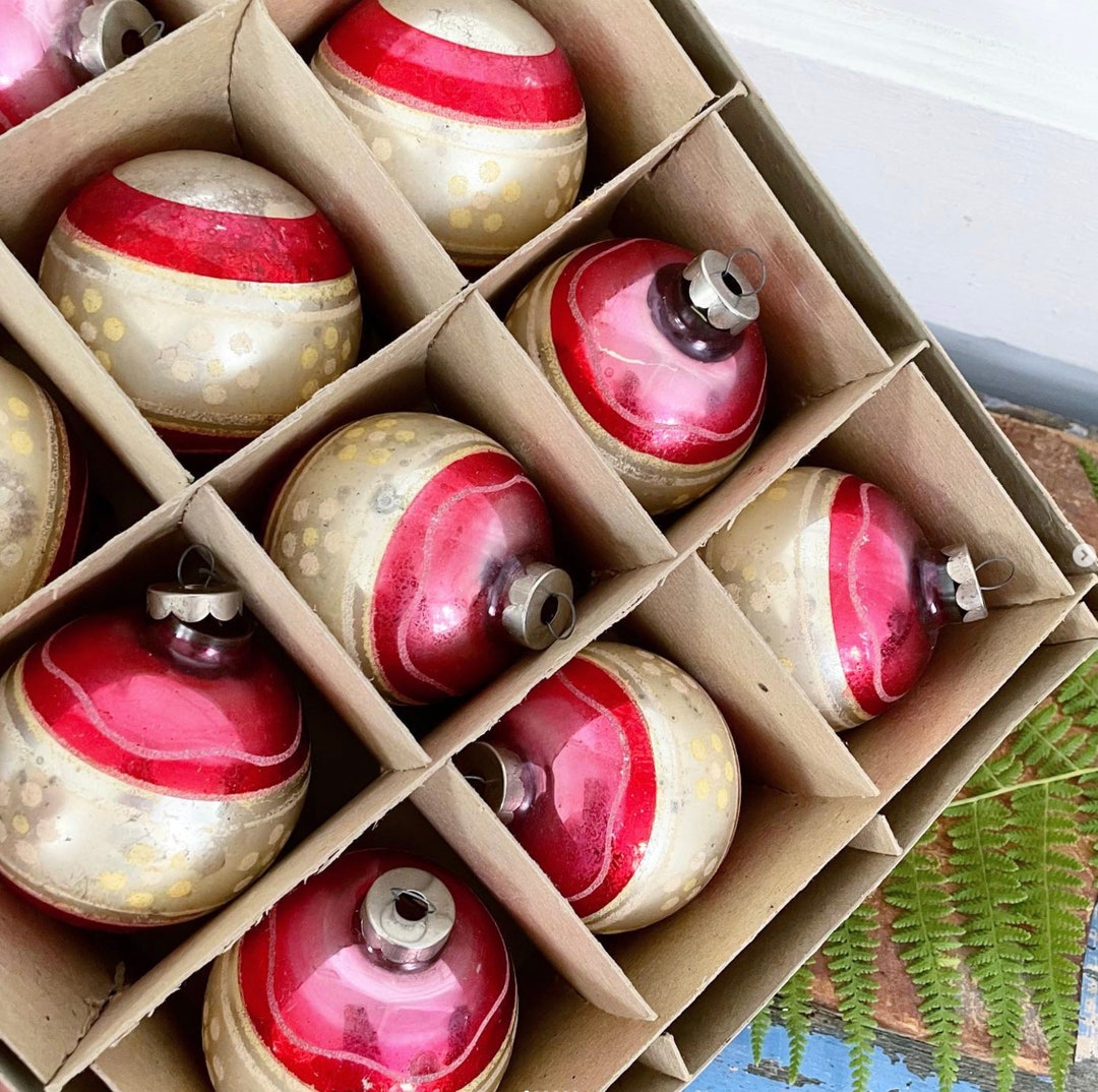 Vintage Christmas Tree Glass Ball Ornaments Striped Stenciled Etsy