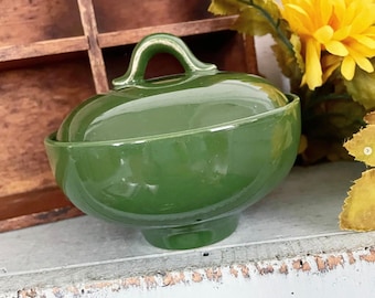Vintage Bowl Handled Lid Dark Green Ceramic Pottery Farmhouse Kitchen