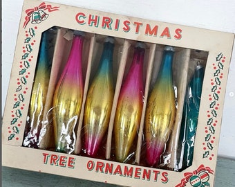 Vintage Christmas Ornaments Long Teardrop Icicle Glass OMBRE Turquoise Blue Gold Hot Pink Jewel Tone Color Poland Box Set of 5 + One Solid