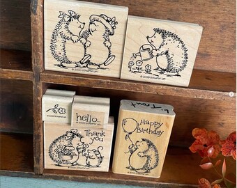 Vintage Rubber Stamp Wood Base Block Mount Stampin’ Up! 2000 HEDGEHOGS Animal Set 6 Plastic Case