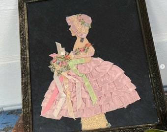 Vintage Paper Doll Ribbon Lady Girl Art Lace Fabric Framed under Glass