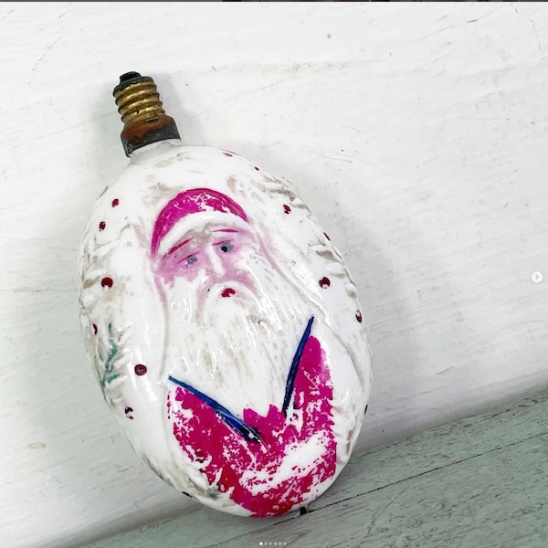 Vintage Christmas Santa Bulb Milk Glass Oval Two-Sided Design Front Back