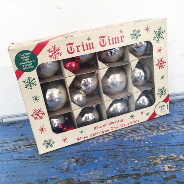 Vintage Shiny Brite Christmas Ornament Box, Vintage Christmas Box Ornaments, Silver Ornaments, Mercury Glass