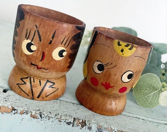 Vintage Hand-Painted Wood Egg Cups Anthropomorphic Boy Girl Pair Set of 2
