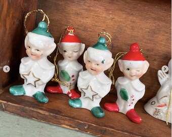 Vintage Hand Painted Porcelain Bell Ornaments Commodore Japan Santa Mrs. Claus Elf Angel CHOICE PAIR