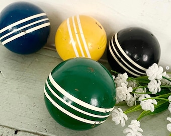 Vintage Croquet Balls Green Blue Yellow Black Stripe Striped Band Banded Chippy Wood Farmhouse Decor SET OF 4