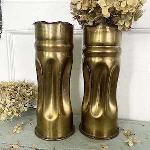 Antique WWI Trench Art Brass Artillery Shell Twisted Base Vases 1915 PAIR