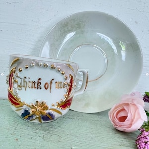 Vintage Antique Lusterware Demitasse Teacup Saucer Embossed Think of Me Valentine Marked Germany