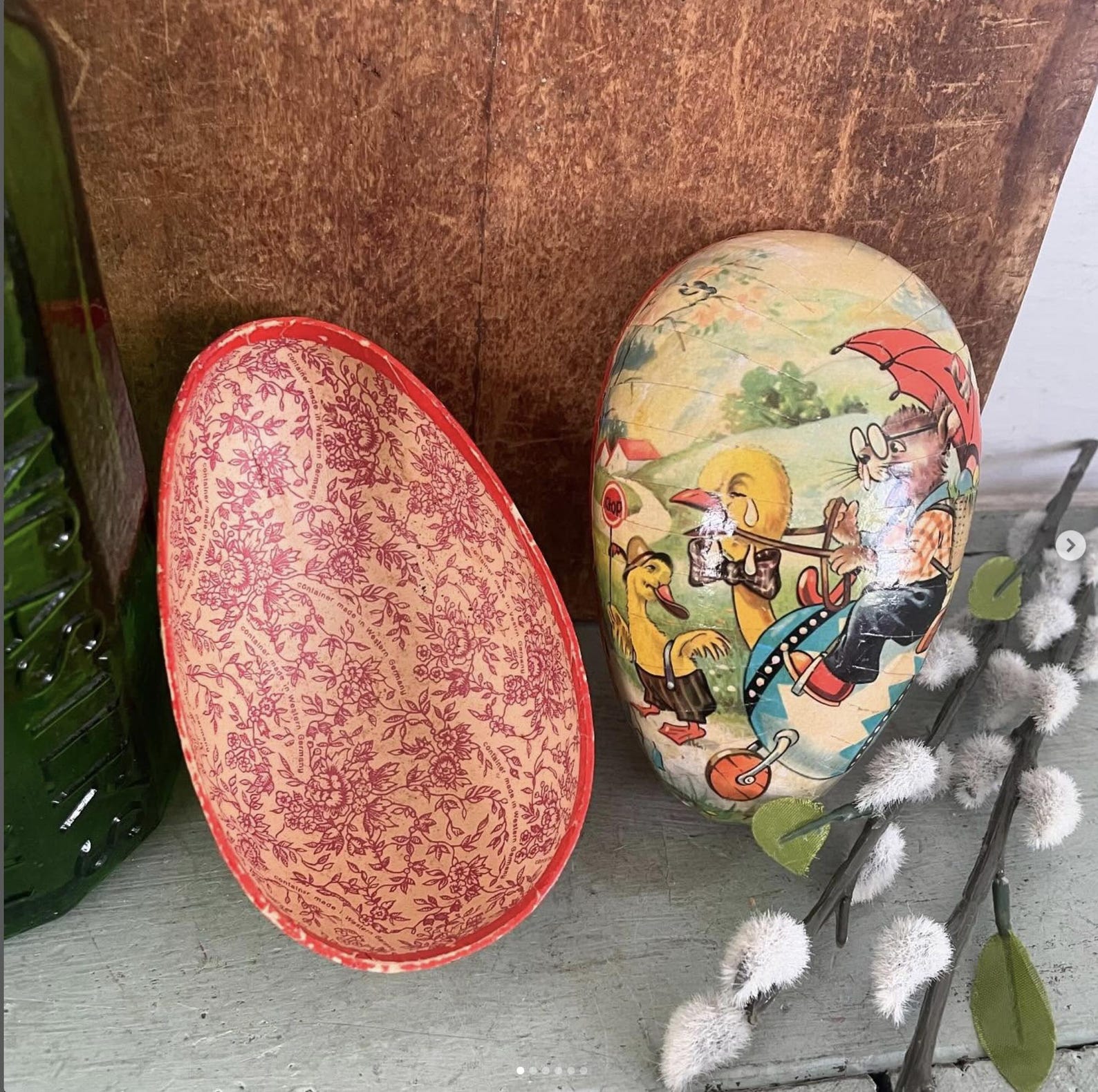 Vintage German Cardboard Paper Mache Egg Candy Container Duck Rabbit Umbrella Germany