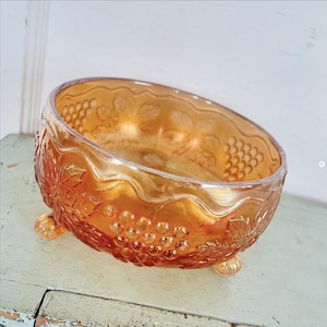 Vintage Fenton Marigold Carnival Glass Footed Bowl Grape Leaf Pattern Orange