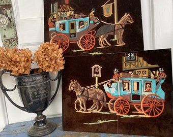 Vintage Paint By Number Painting Black Velvet Horse Drawn Carriage Tavern Pub Choice of One