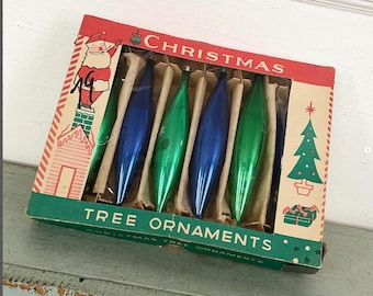 Vintage Christmas Ornaments Long Teardrop Icicle Glass Blue Green Jewel Tone Colors Poland Santa Chimney Box Set of 6