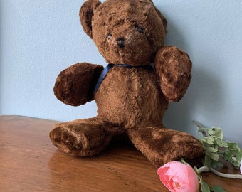 Teddy Bear Sweet Vintage Brown Button Eyes Blue Ribbon Well Loved
