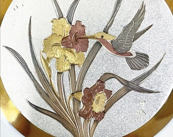 Vintage Japanese Art Chokin Small Plates Daffodil Hummingbird Lily Butterfly Engraved Design Gilded Gold Silver Samurai Warrior Armament