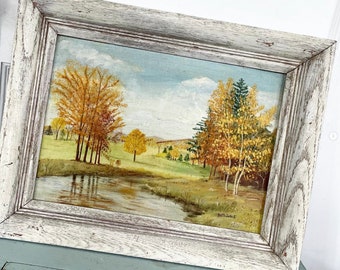 Vintage Landscape Painting Autumn Scene Pond Water Lake Blue Sky Green Brown Trees Canvas Board Painted White Wood Frame Large Signed