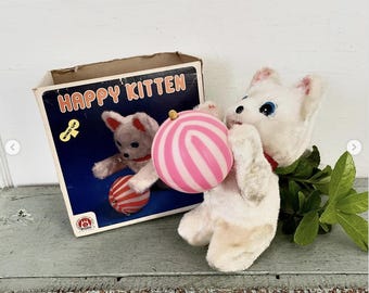 Vintage Happy Kitten Tin Mechanical Wind-Up Toy Metal Cat Original Box Korea