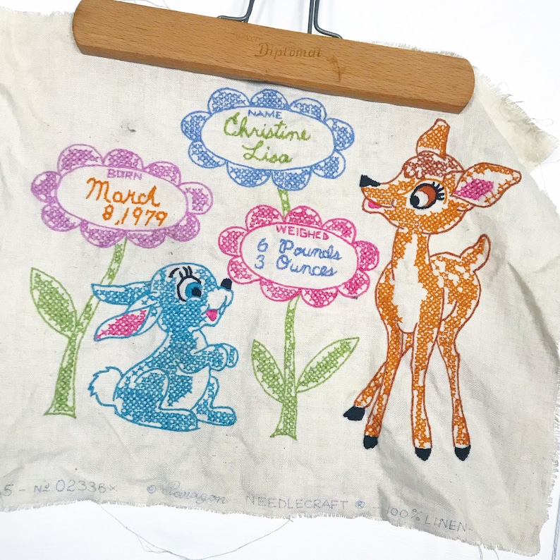 Vintage Bambi Deer Thumper Rabbit Bunny Needlepoint Cross Stitch Baby Shower Birth Announcement 1979 Paragon Pink Blue