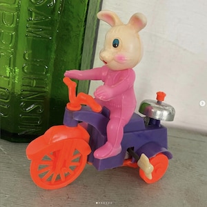 Vintage Easter Mechanical Toy Wind Up Bunny Rabbit on Bike Bicycle Bell Hard Plastic Hong Kong