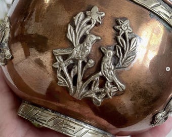 Vintage Unpolished Copper Metal Bowl Raised Carved Bird Flower Images