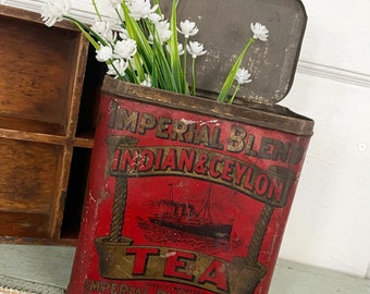 Antique Tin Canister Imperial Blend Indian Ceylon Tea England Red Gold Hinged Lid 1920s Rusty Vintage Farmhouse Kitchen