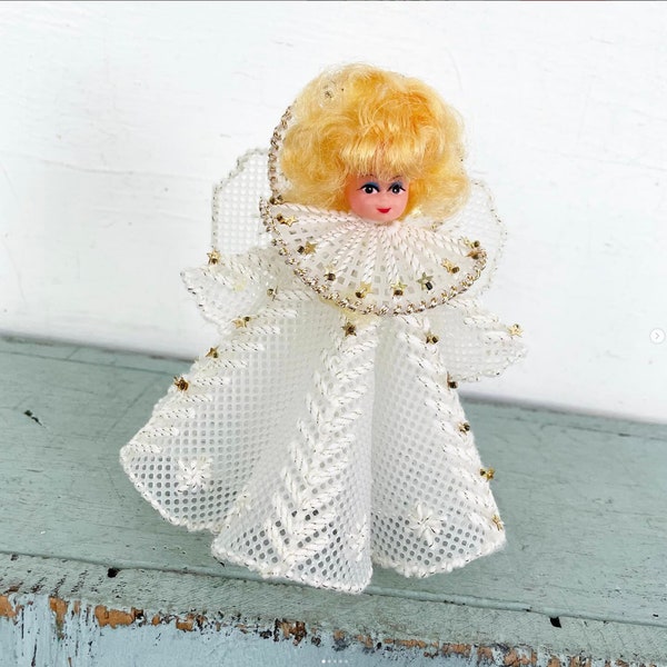 Vintage Christmas Angel Tree Topper Plastic Canvas Rubber Face Blonde Dress Wings