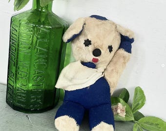 Vintage Teddy Bear Mohair Blue Cream White Arm Sling Beanie Cap Freeman Toy Boston Mass Well Loved SCRUFFY