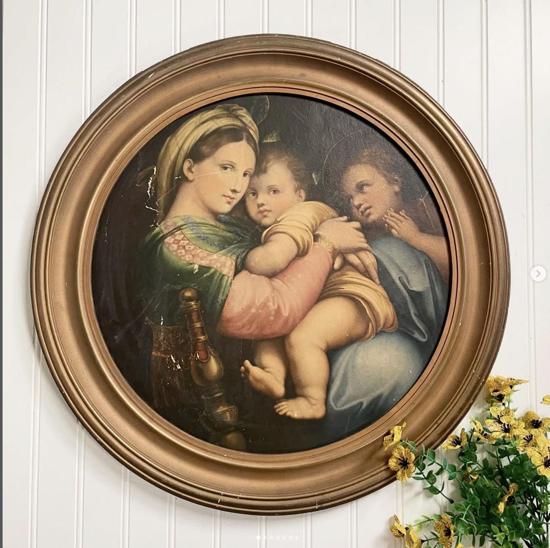 Antique Raphael's Madonna of the Chair Della Sedia Print Round Chippy ...